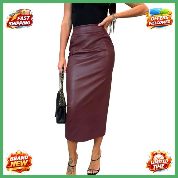 Faux Leather Midi Pencil Skirt High Waist Bodycon Work Wear